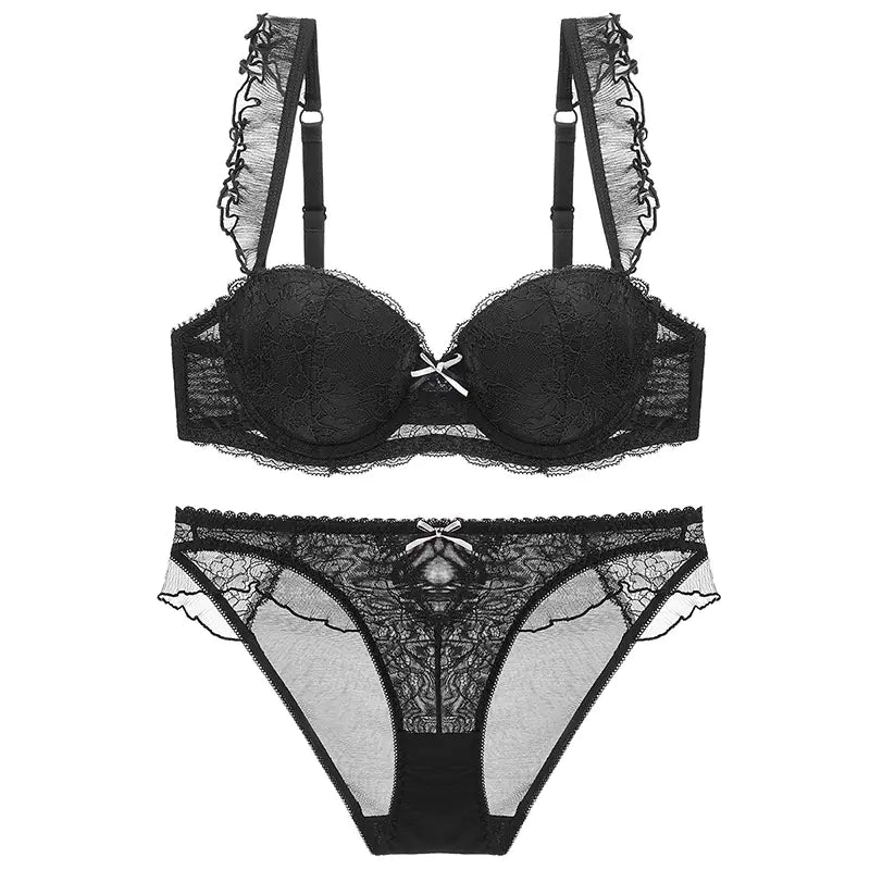 Lace Trim Push-Up Bra and Ruffled Lingerie Set