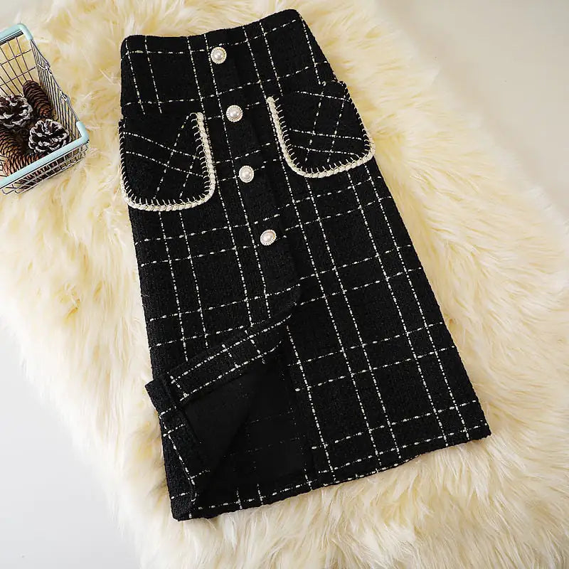 High Waist Slim Plaid Wool Skirt