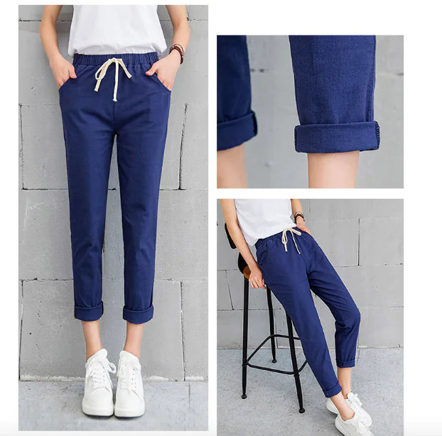 Cotton Linen Cropped Pants - Loose Fit Harem Style