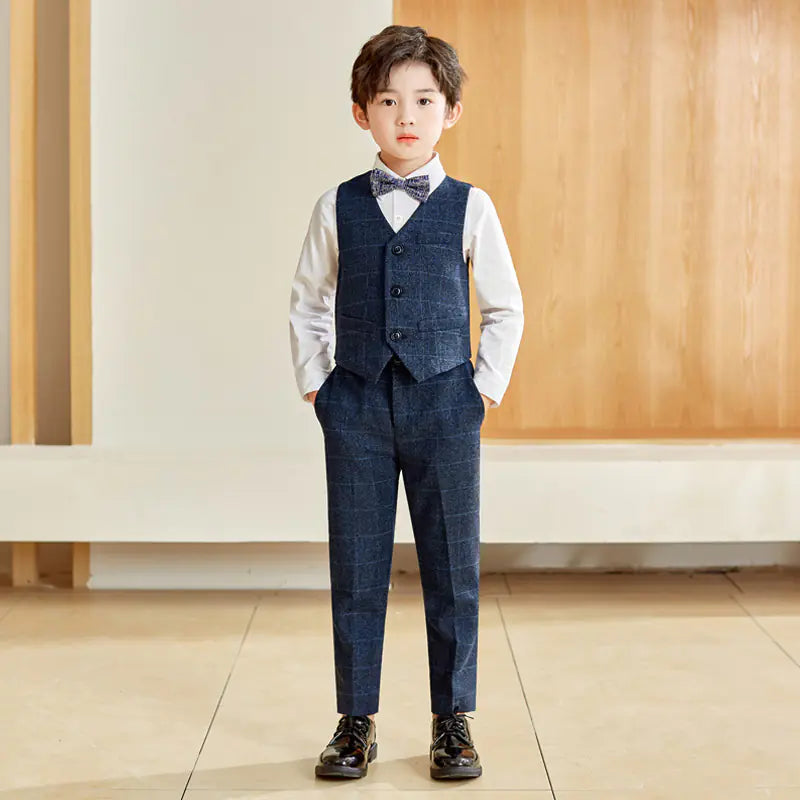 Gray Plaid Five-Piece Suit Set