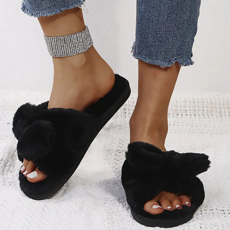 Korean Fashion Bow Open-Toed Cotton Slippers for Home