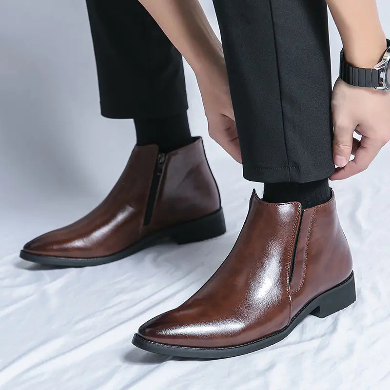 High-Top Leather Ankle Boots with Side Zipper for Men
