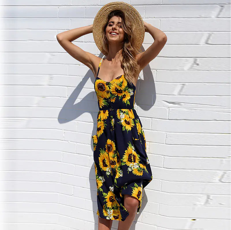 Sunflower Pineapple Print Backless Dress for Women