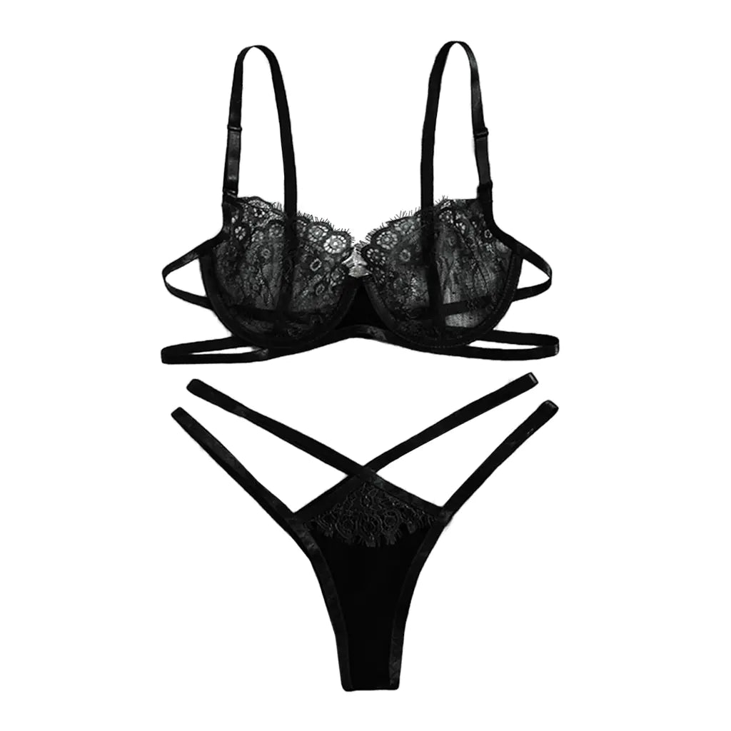 Lace Lingerie Set with Sheer Bikini and Bra Panty