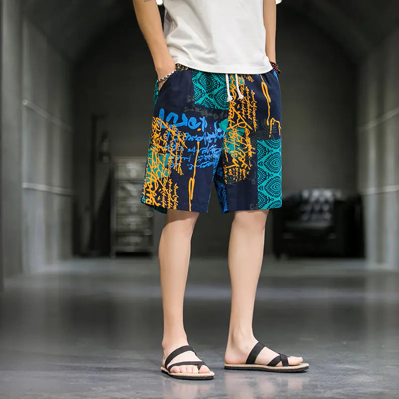Men's Plus Size Cotton Linen Beach Shorts in Chinese Style