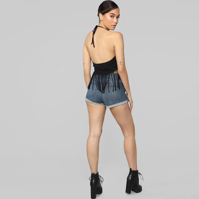 Backless Fringe Print Halter Top - Summer 2019 Trend