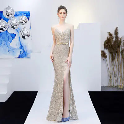 Elegant Long Deep V Mermaid Evening Dress with Sequins