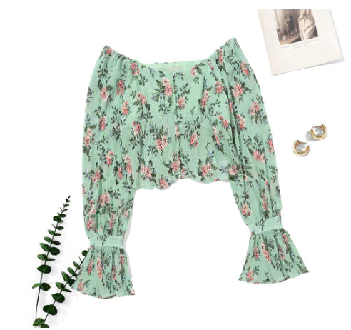 Vintage Green Floral Print Short Vacation Shirt for Women