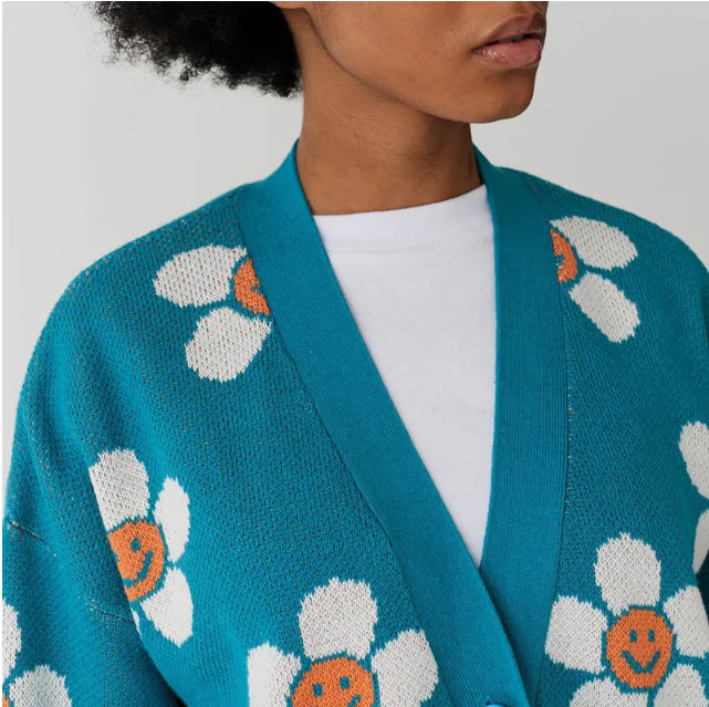 Knit Cardigan with V-Neck Floral Pattern for Women