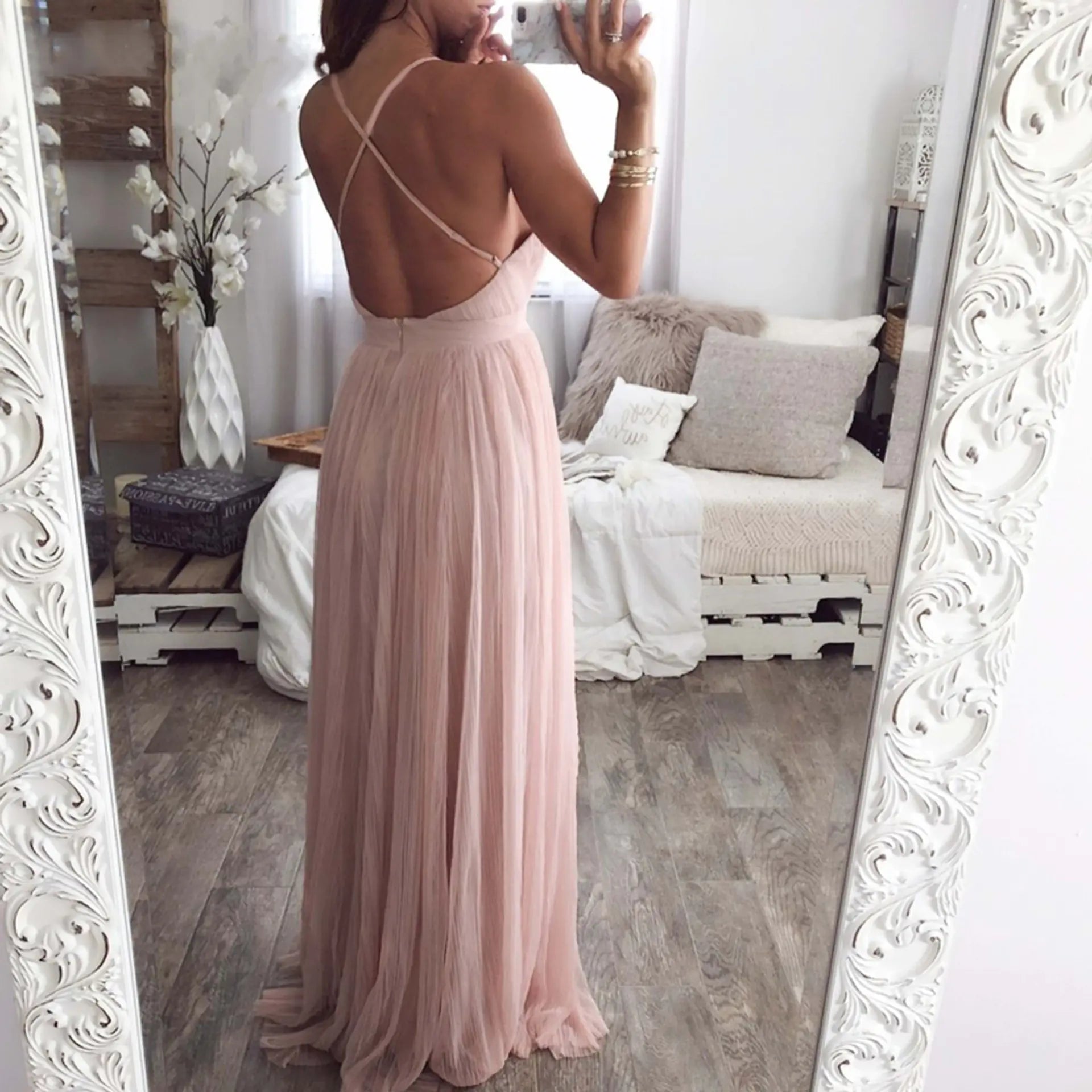 Deep V Neck Spaghetti Strap Dress