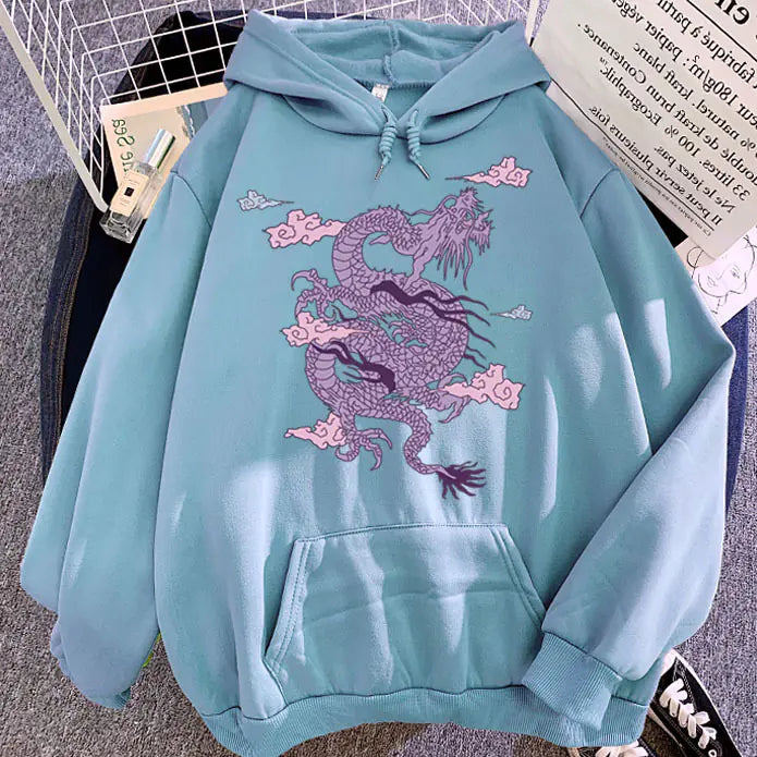 Candy Color Hooded Sweatshirt with Dragon Cloud Print