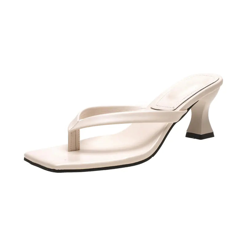 Square-Head Kitten Heel Cow Leather Beach Sandals