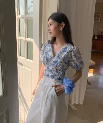 Floral Tie-Front Chiffon Shirt with Lantern Sleeves