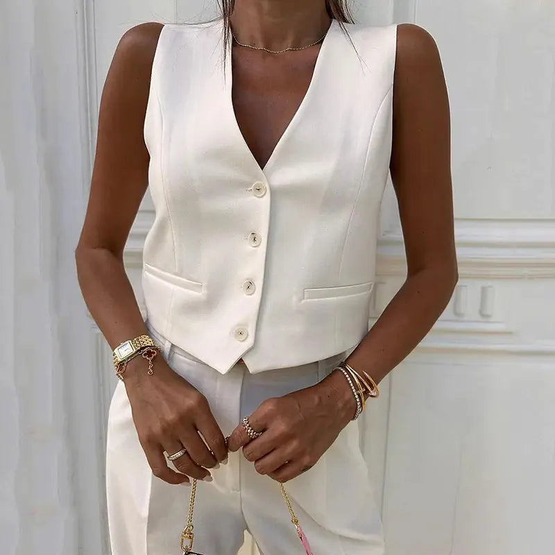 2023 Summer Women's Solid Color Button Vest Set