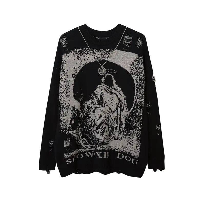 Oversized Pullover Sweater with Ripped Hip-hop Style