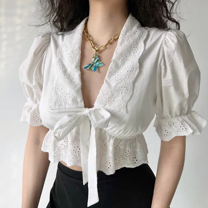 Deep V-Neck Lantern Sleeve White Blouse for Women