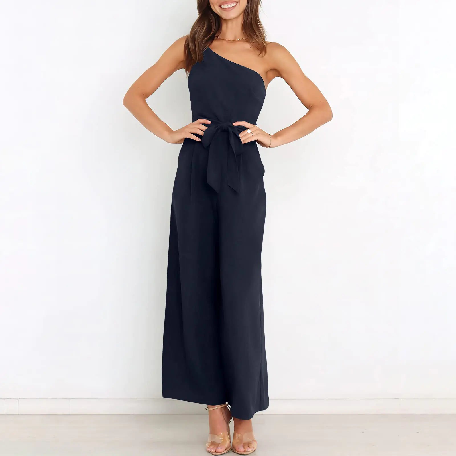 Women's Solid Color Slant Shoulder Jumpsuit for Commuting