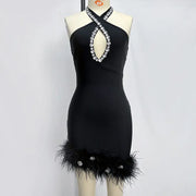 Purple Halter Rhinestone Feather Bandage Dress