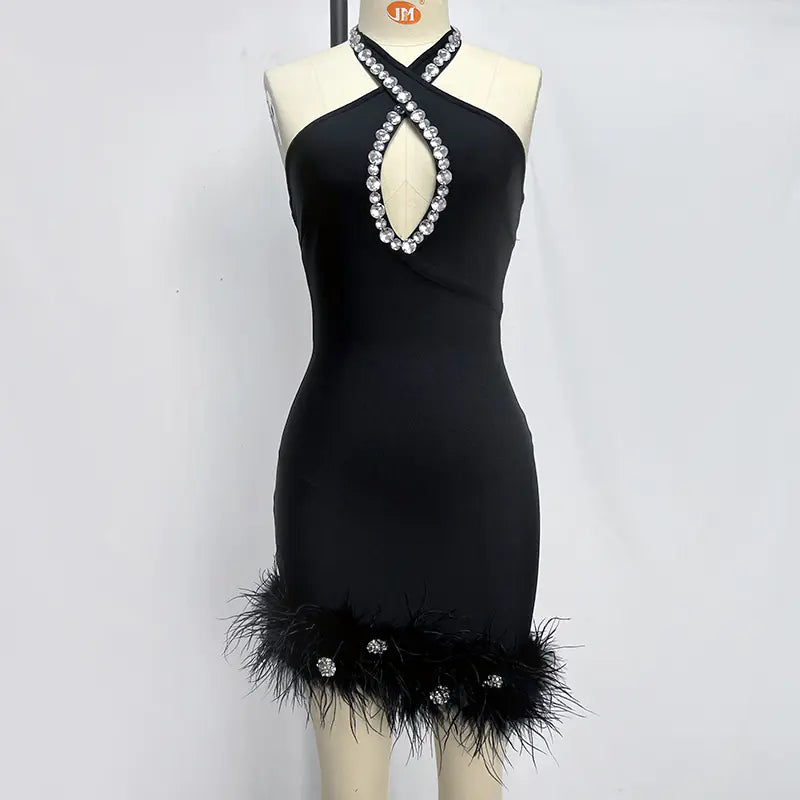 Purple Halter Rhinestone Feather Bandage Dress