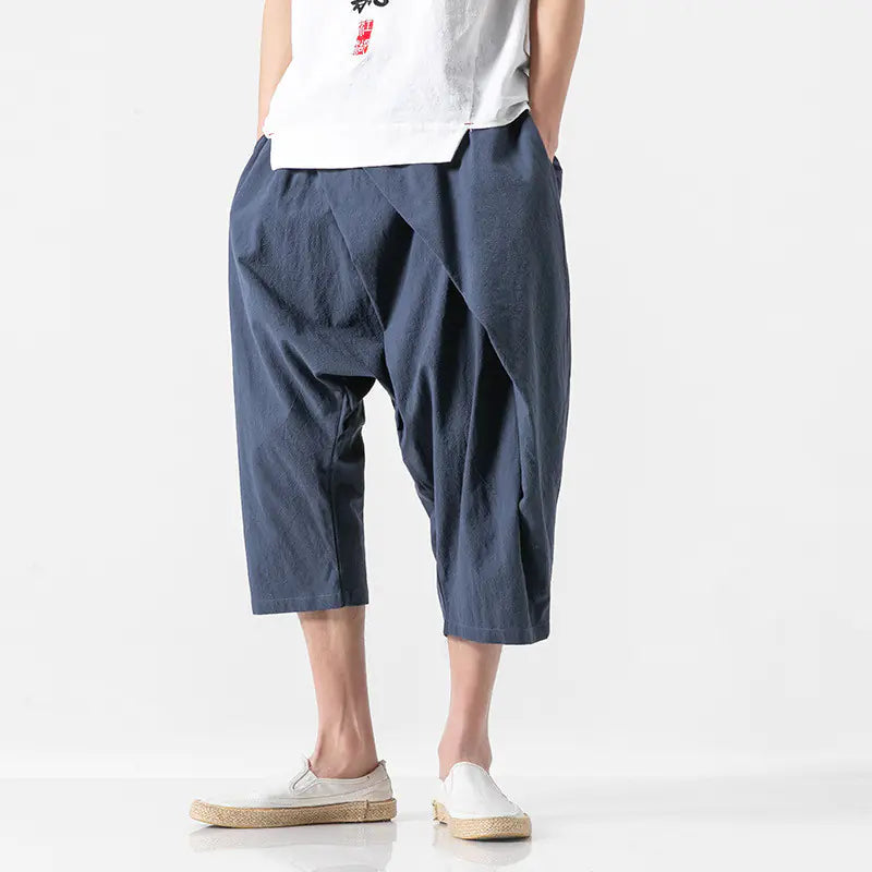 Men's Solid Color Retro Cotton Linen Casual Cropped Pants