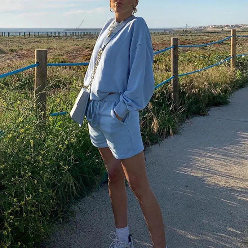 Loose Long Sleeve Top with High Waist Shorts Set