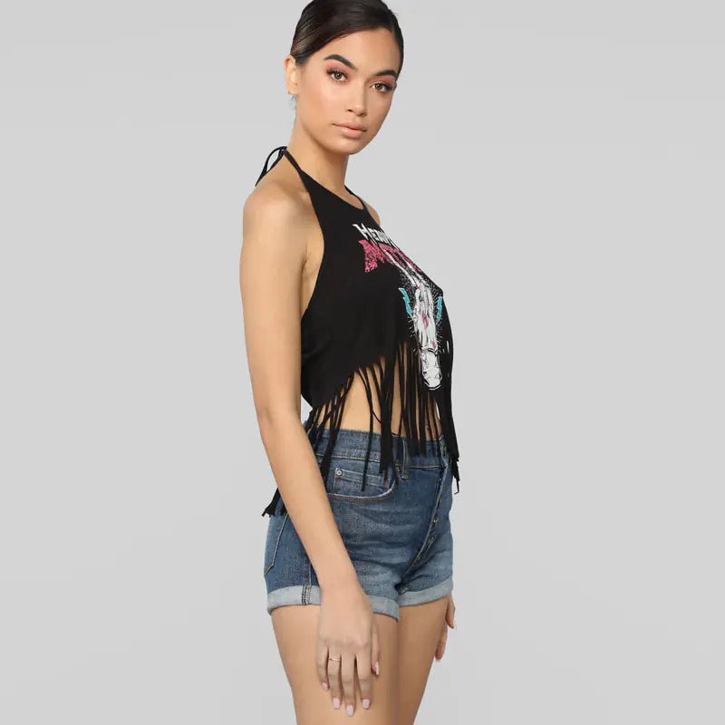 Backless Fringe Print Halter Top - Summer 2019 Trend