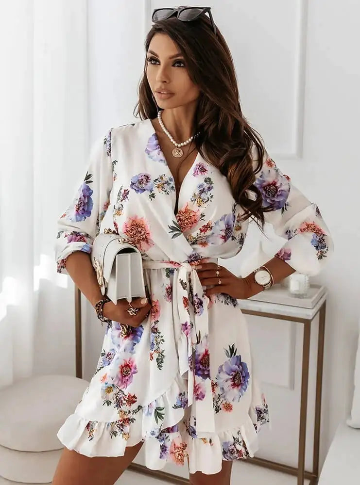 Irregular Ruffle Print Long-Sleeve Dress