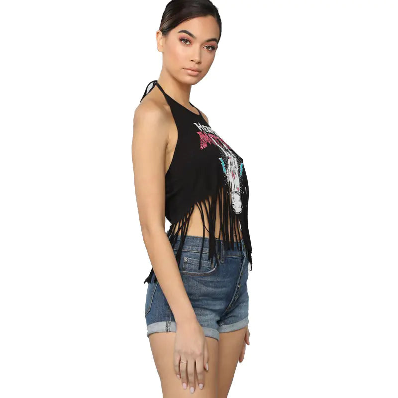 Backless Fringe Print Halter Top - Summer 2019 Trend