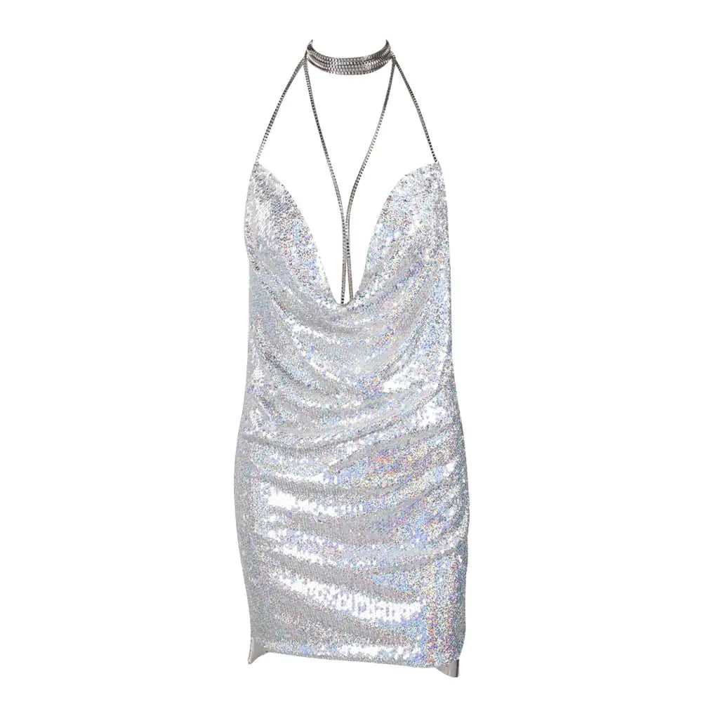 Short Dress with Deep Backless Sequins