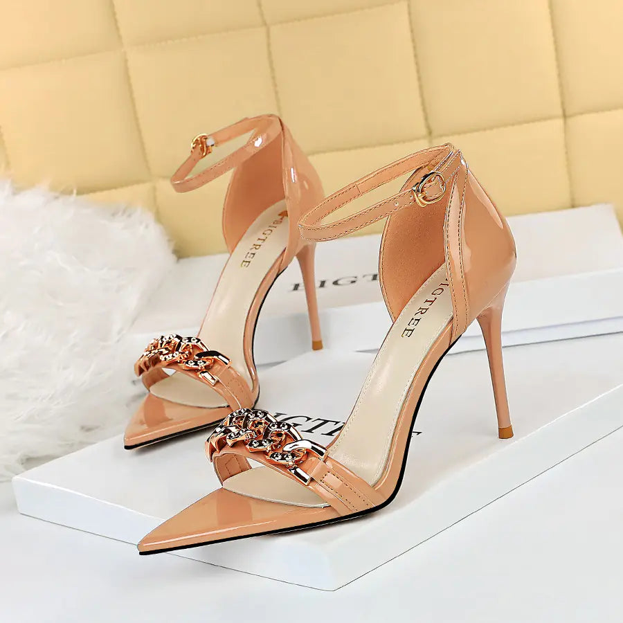 Rhinestone Hollow Out Thin Metal Chain Sandals