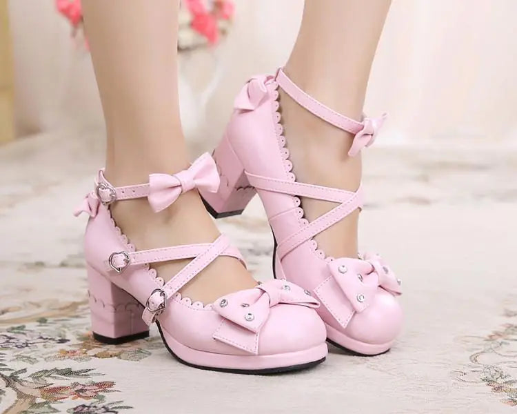Cute Bowknot Cross Strap Chunky Heels for Students