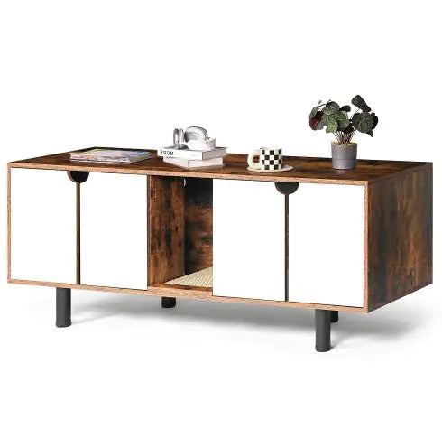 Double Cat Litter Box Enclosure - White Vintage TV Stand Cabinet