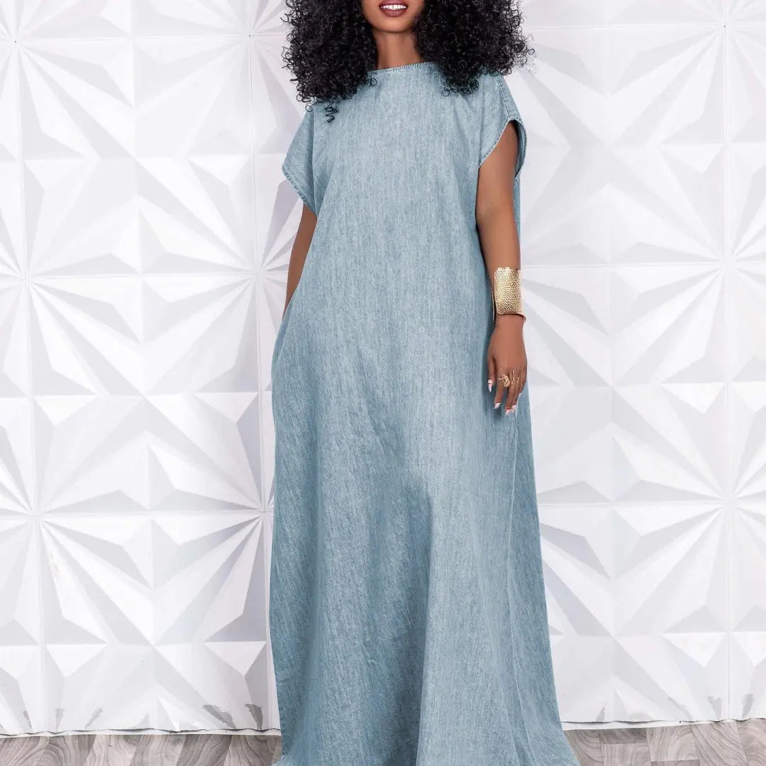 Retro Women's Backless Denim Dress with Deep V-neck