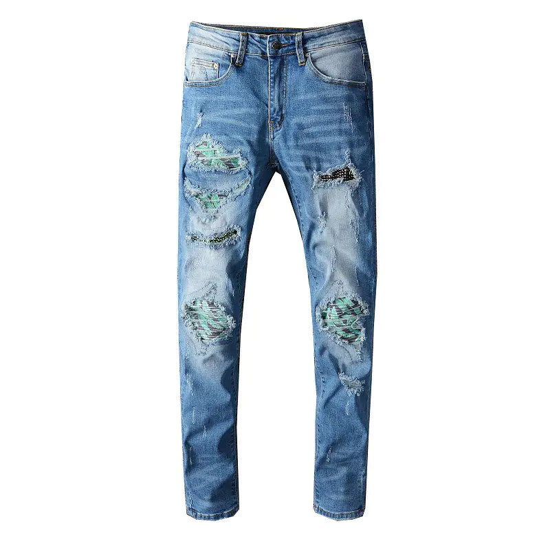 High Street Tide Ripped Colorful Patches Men's Jeans