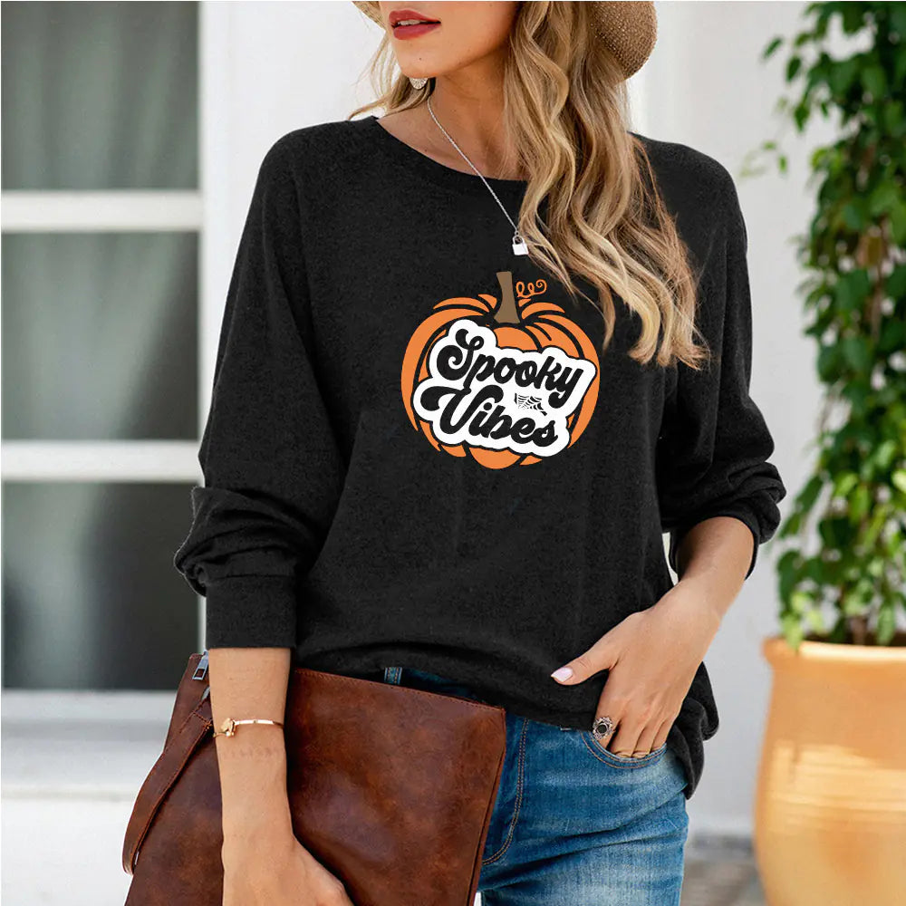 Women's Long-Sleeved T-Shirt with Halloween Pumpkin Print