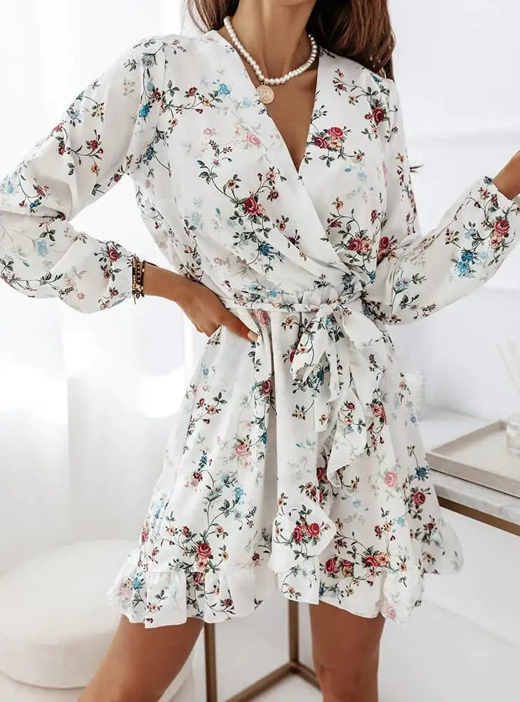 Irregular Ruffle Print Long-Sleeve Dress