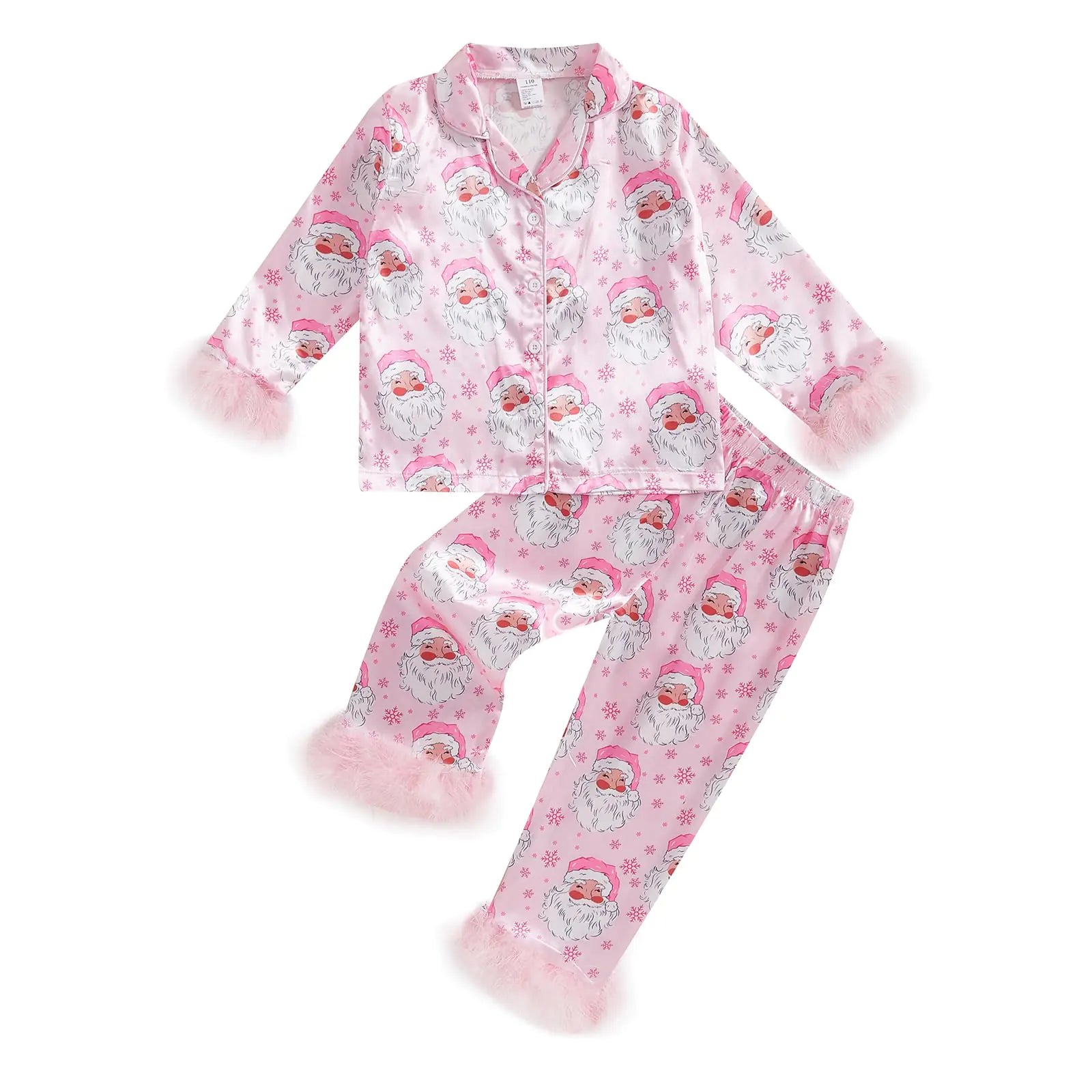 Afunbaby Toddler Baby Girl Boy Silk Satin Pajamas Set Button Down Pjs Kids Long Sleeve Shirt Pants Christmas Pjs Sleepwear (Furry pink santa 3-4 Years)