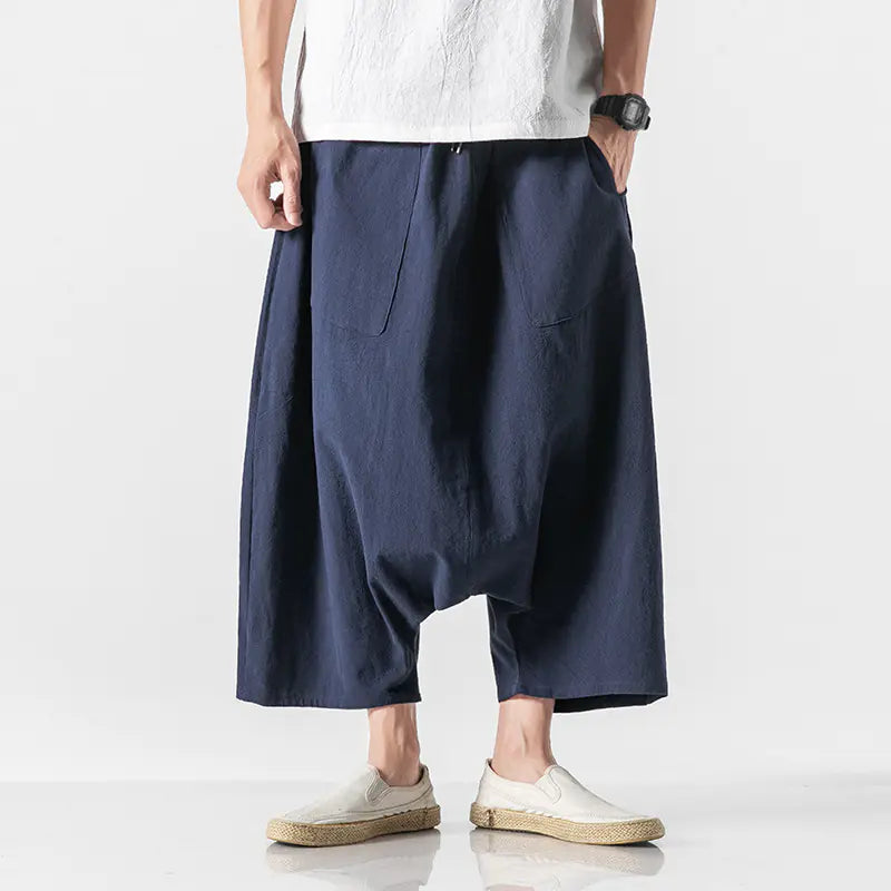 Men's Solid Color Retro Cotton Linen Casual Cropped Pants