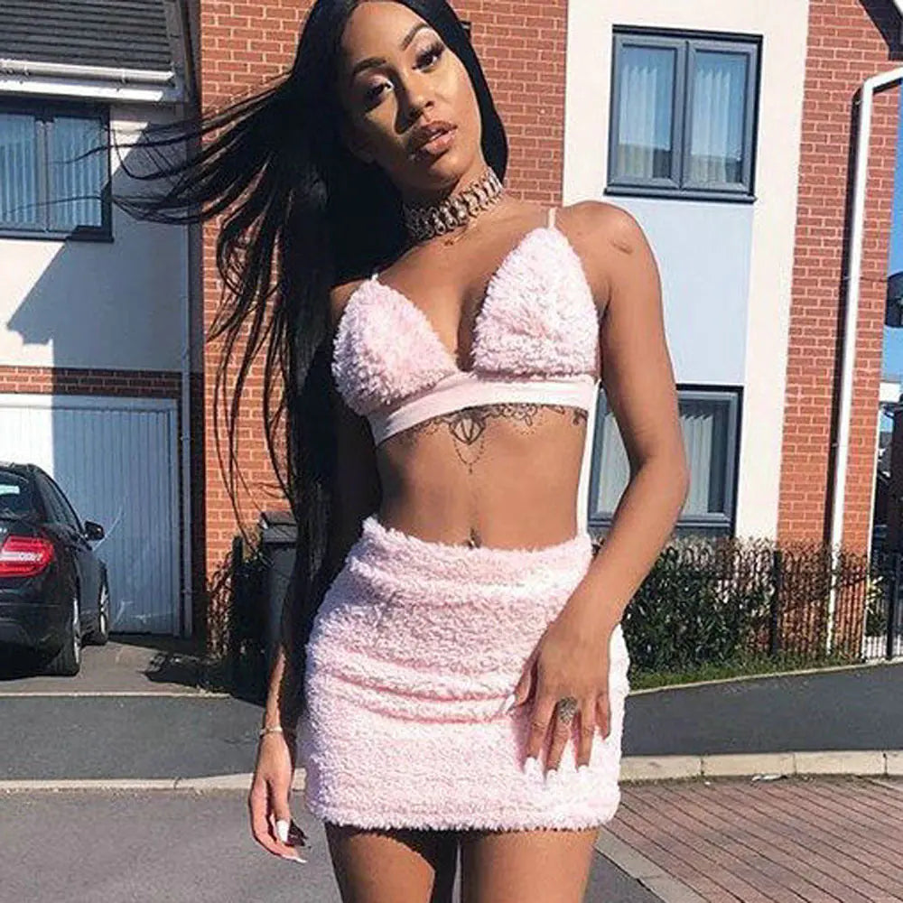 Sexy Two-Piece Fuzzy Dress with Strapless Design