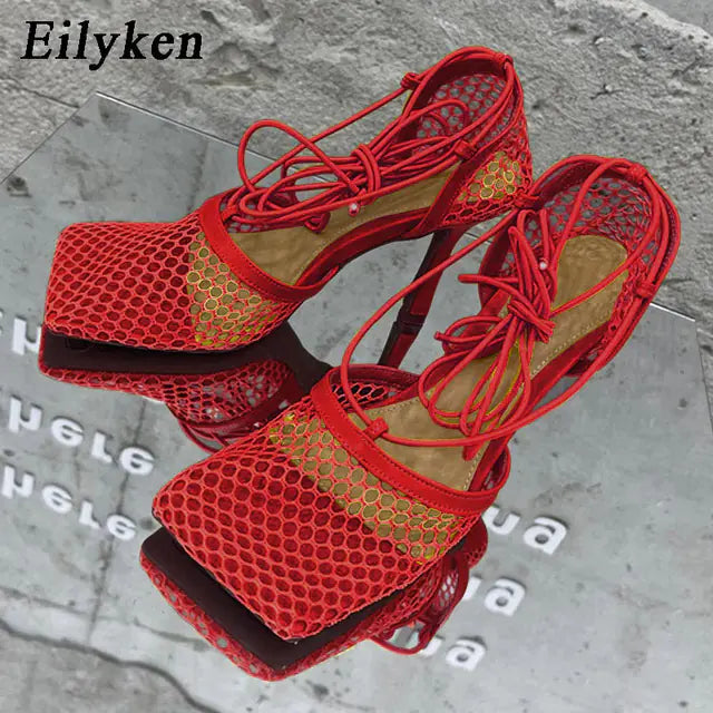 Square Toe High Heel Lace-Up Mesh Pumps Sandals