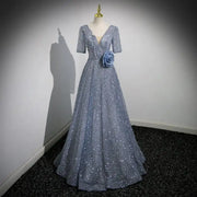 V-neck Heavy Embroidery Sequins Evening Dress in Ash Blue