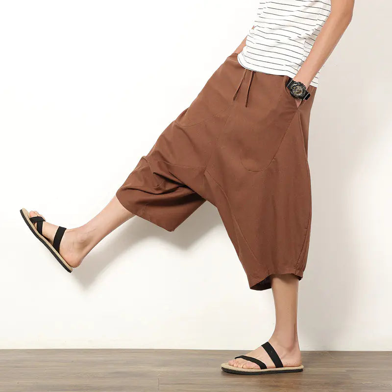 Cotton Linen Harem Pants - Japanese Style Cropped Trousers
