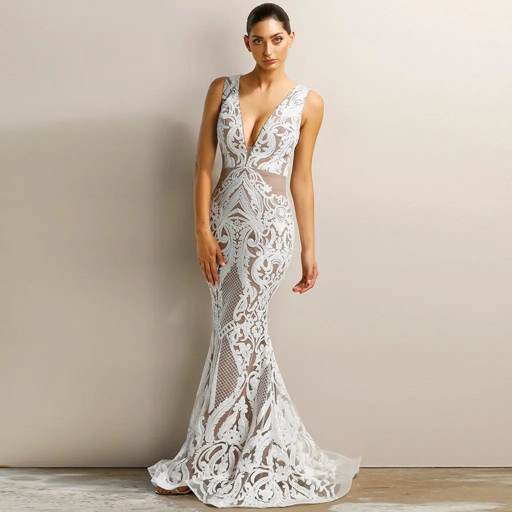 Sexy Deep V Neck Sleeveless Evening Gown Dress
