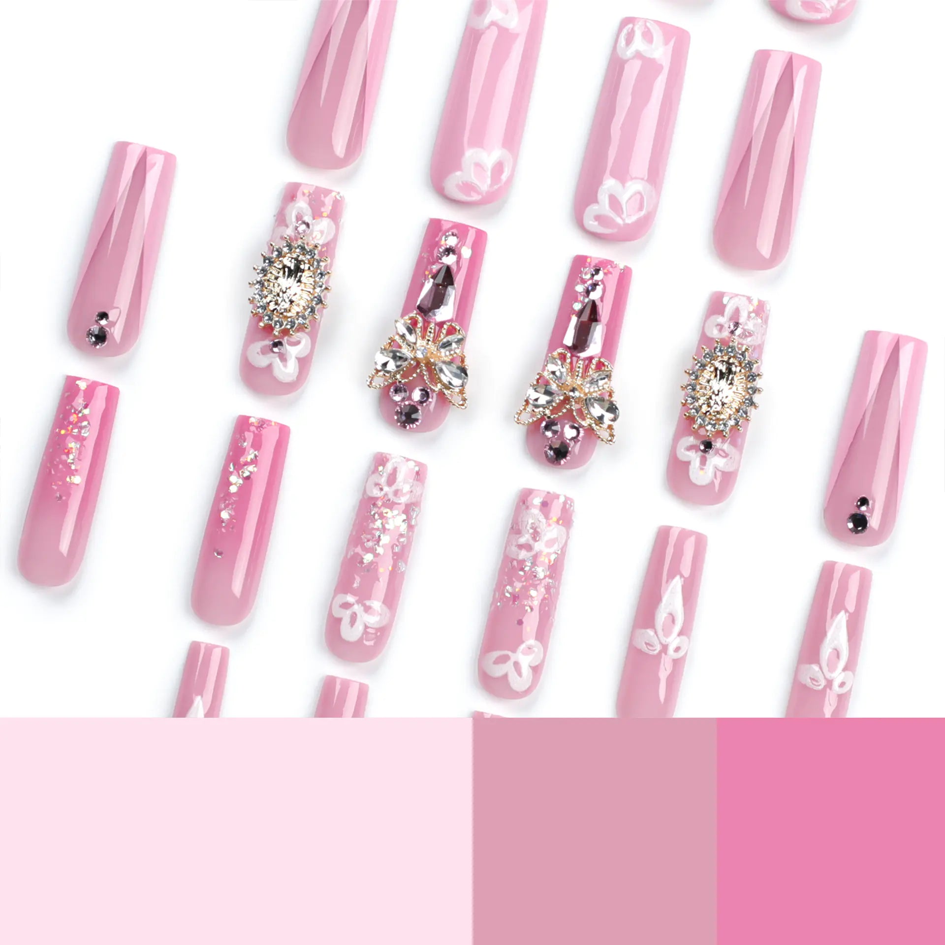 3D Pink French Nail Art with Gold Butterfly Design