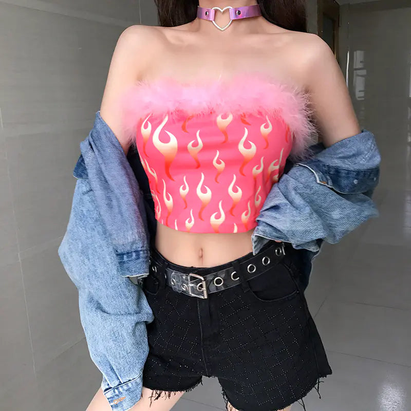 Colorful Fluffy Flame Strapless Top for Women