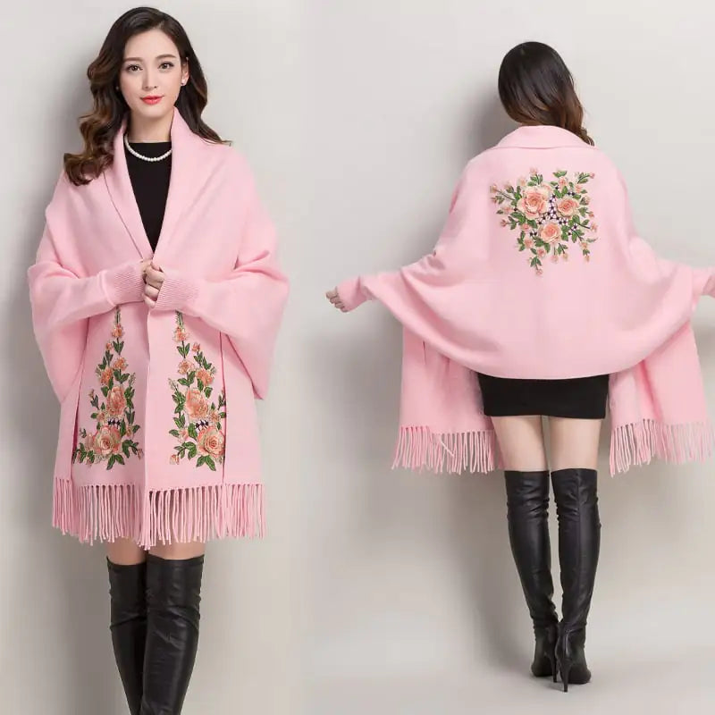 Embroidered Women's Shawl Cape Thick Sweater Coat