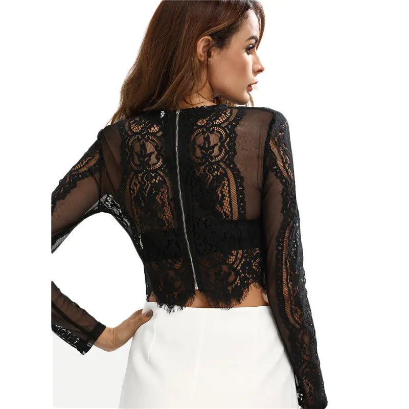 Transparent Lace Sexy Fringed Long Sleeve Top