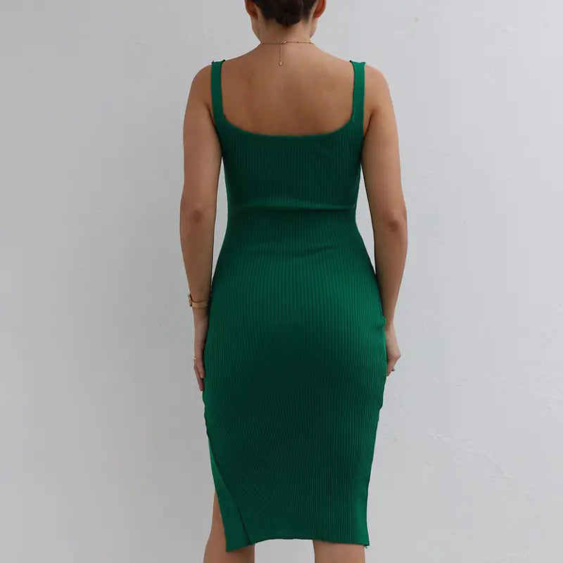 Mid-Length Square Neck Knit Dress with Slit and Wrap Skirt