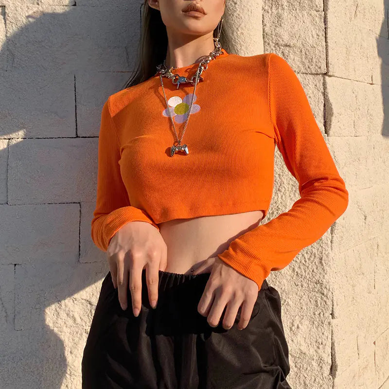 Petal Print Long Sleeve Crop Top