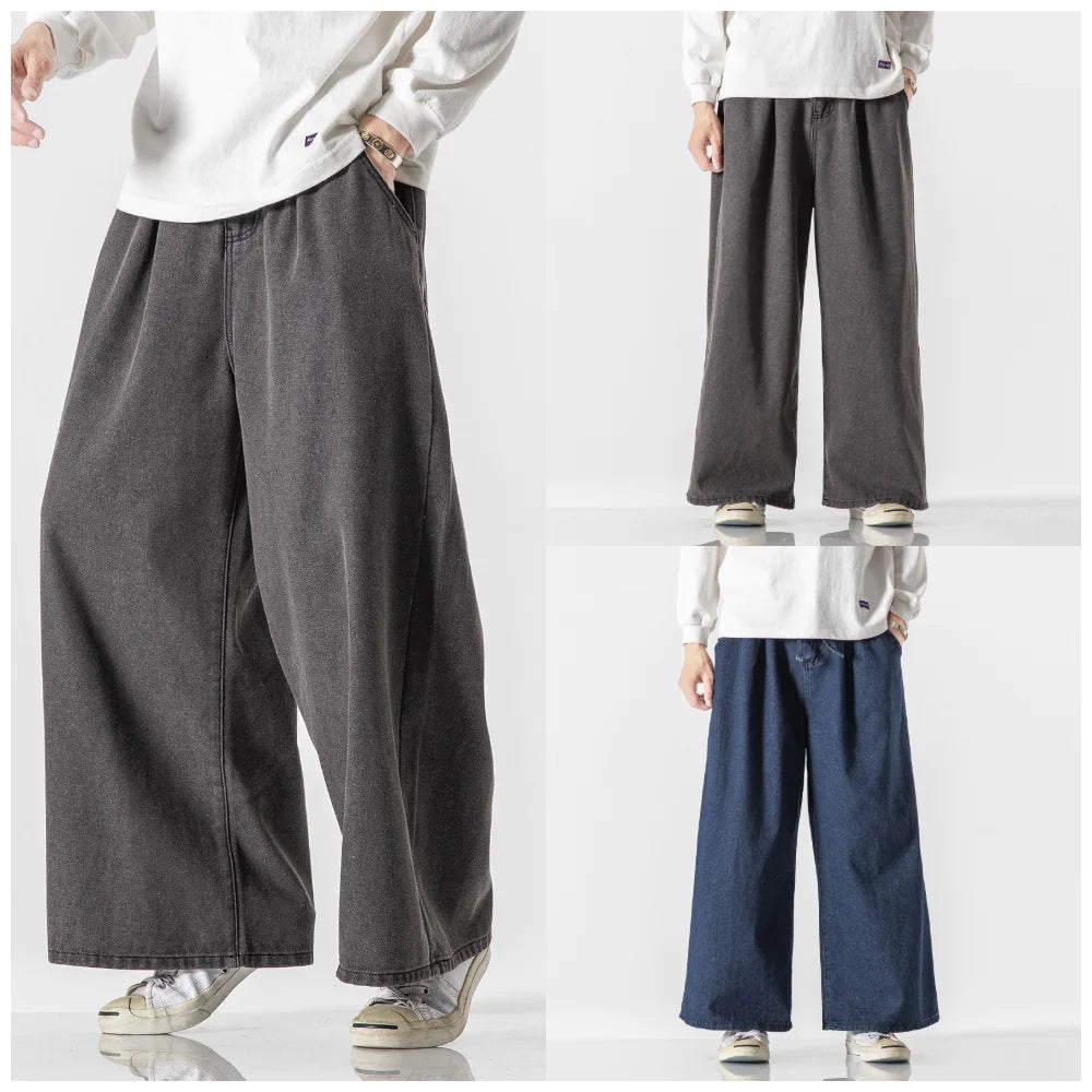 Plus Size Men's Casual Chinese Style Wide-Leg Jeans